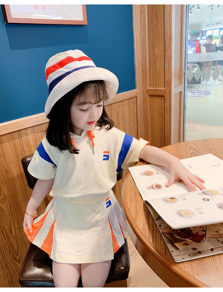 女童夏装套装新款宝宝洋气连帽短袖时髦百褶裙子儿童韩版两件套潮