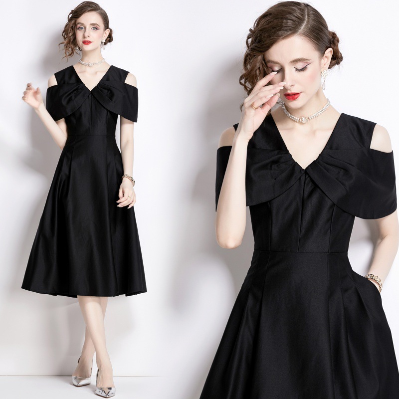 实拍现货高级感纯色显瘦修身中长款短袖大摆连衣裙礼服-阿里巴巴