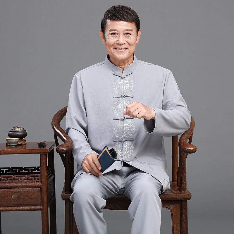 2022夏季新款中老年唐装男士长袖套装绣福字老头爷爷汉服本命年灰