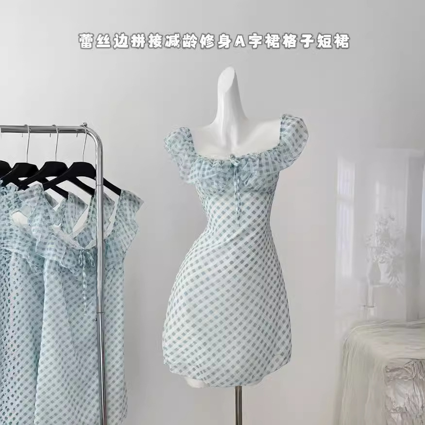 millaidi甜美清新拼接蕾丝边连衣裙2024夏季新款修身显瘦格纹短裙