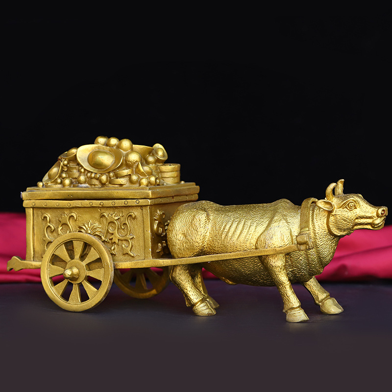 纯铜牛摆件铜牛拉车摆件纯铜生肖牛水牛金钱牛拉元宝家居饰品摆件