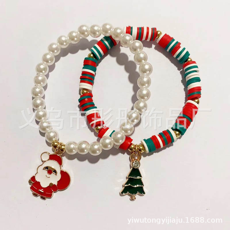 New Autumn and Winter Christmas Style Soft Pottery Beaded Bracelet Christmas Tree Pearl Cartoon Sweet All-Match Bracelet Girlfriends