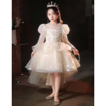 女童公主裙儿童晚礼服女孩小花童婚礼生日长袖主持人钢琴演出服装-阿