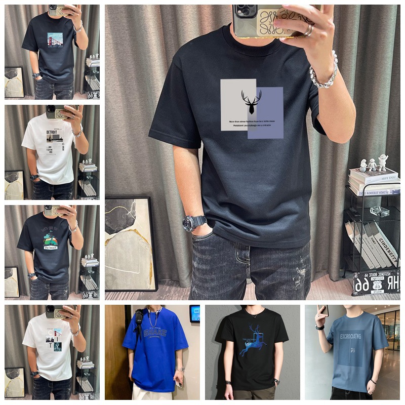 short-sleeved t-shirt trendy men‘s spring and summer cotton loose 2024 new korean style plus size fashion men‘s clothing top stall supply wholesale