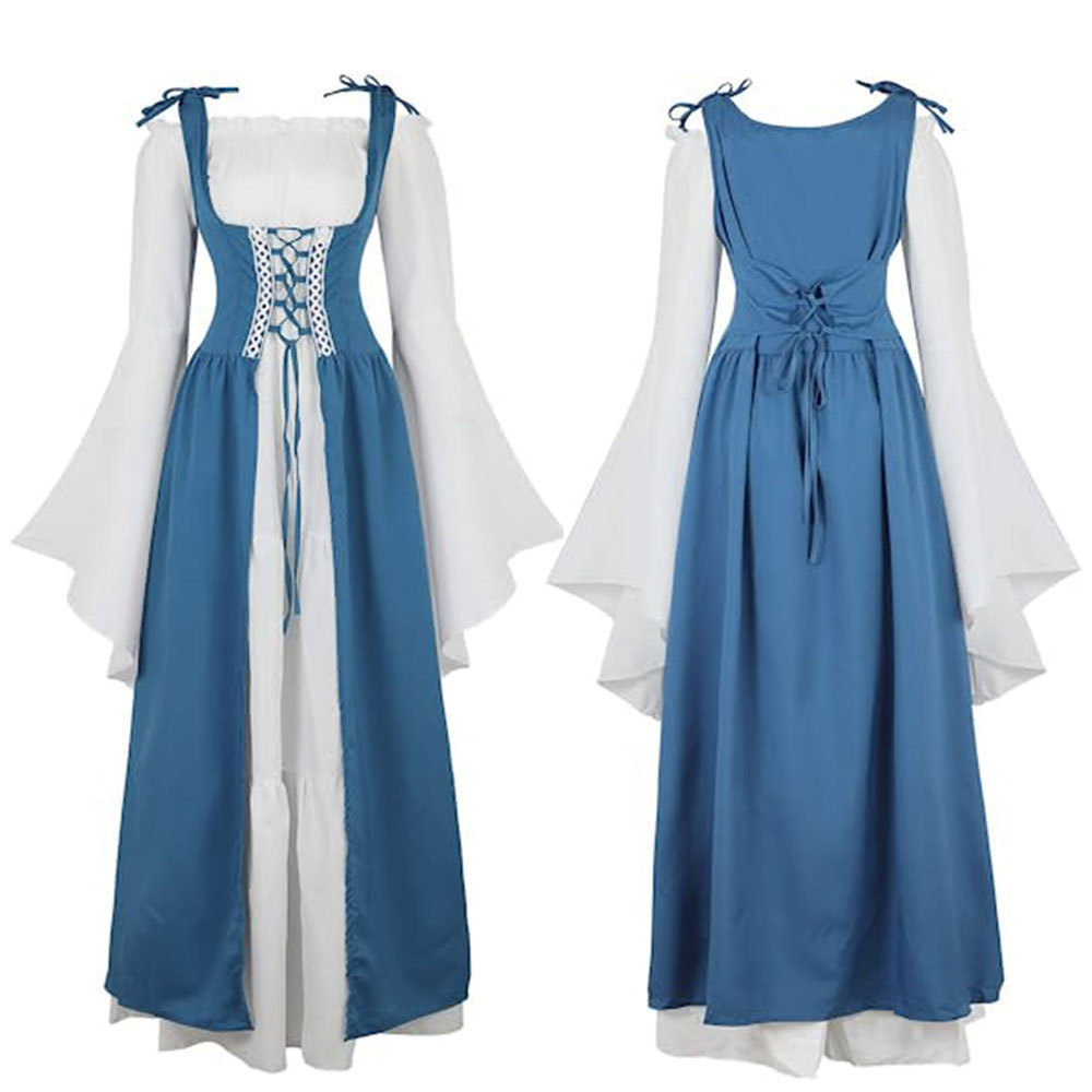 中世纪cos服跨境方领捆绑束腰连衣裙 文艺复兴宫廷晚会复古绑带裙