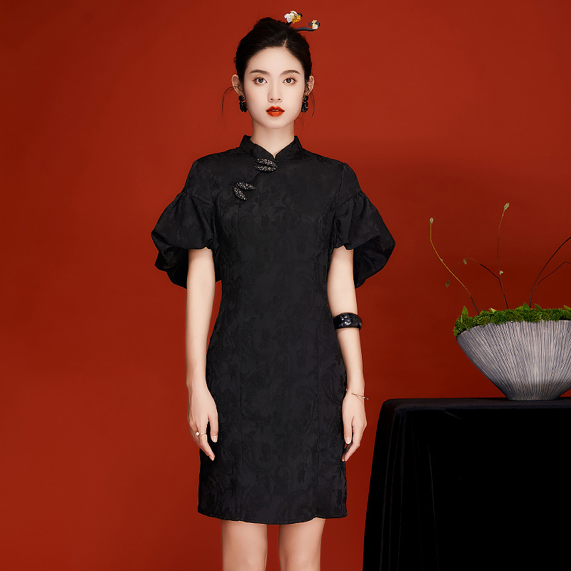 新中式旗袍春秋2023年新款复古中国风女装灯笼袖改良连衣裙230286