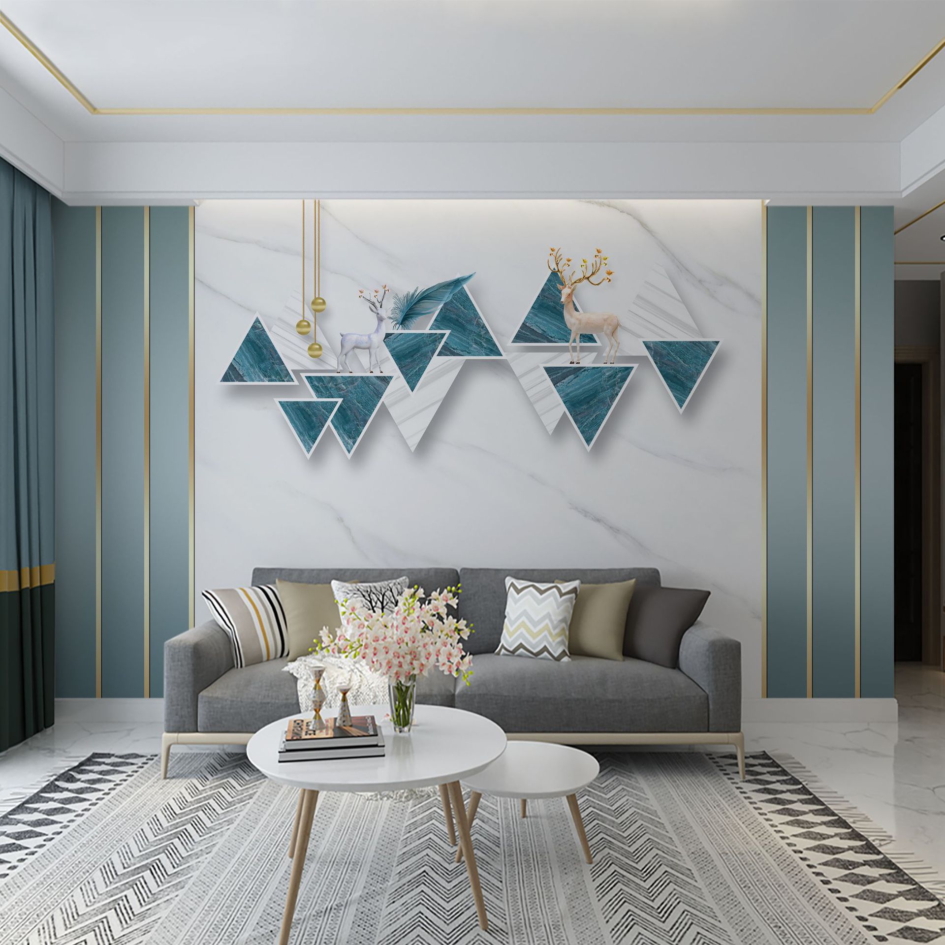 电视墙背景墙壁纸简约现代墙纸壁布轻奢格栅客厅沙发影视墙壁画布