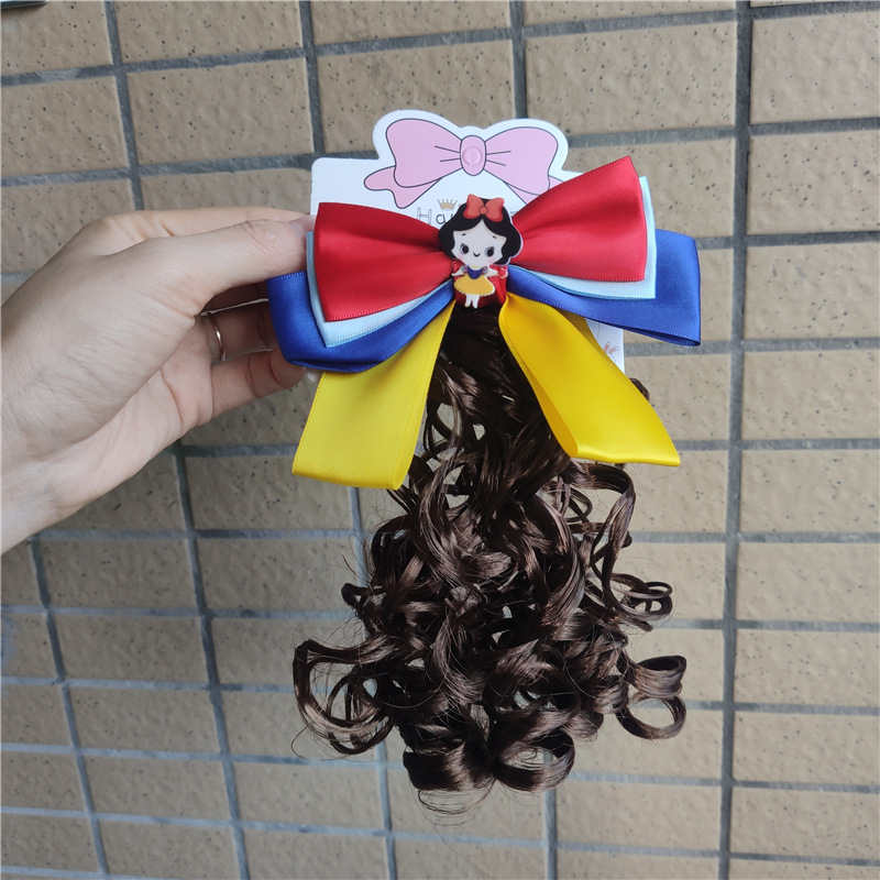 新款白雪公主发饰拼色蝴蝶结卷发假发发夹女童可爱圣诞过年头饰