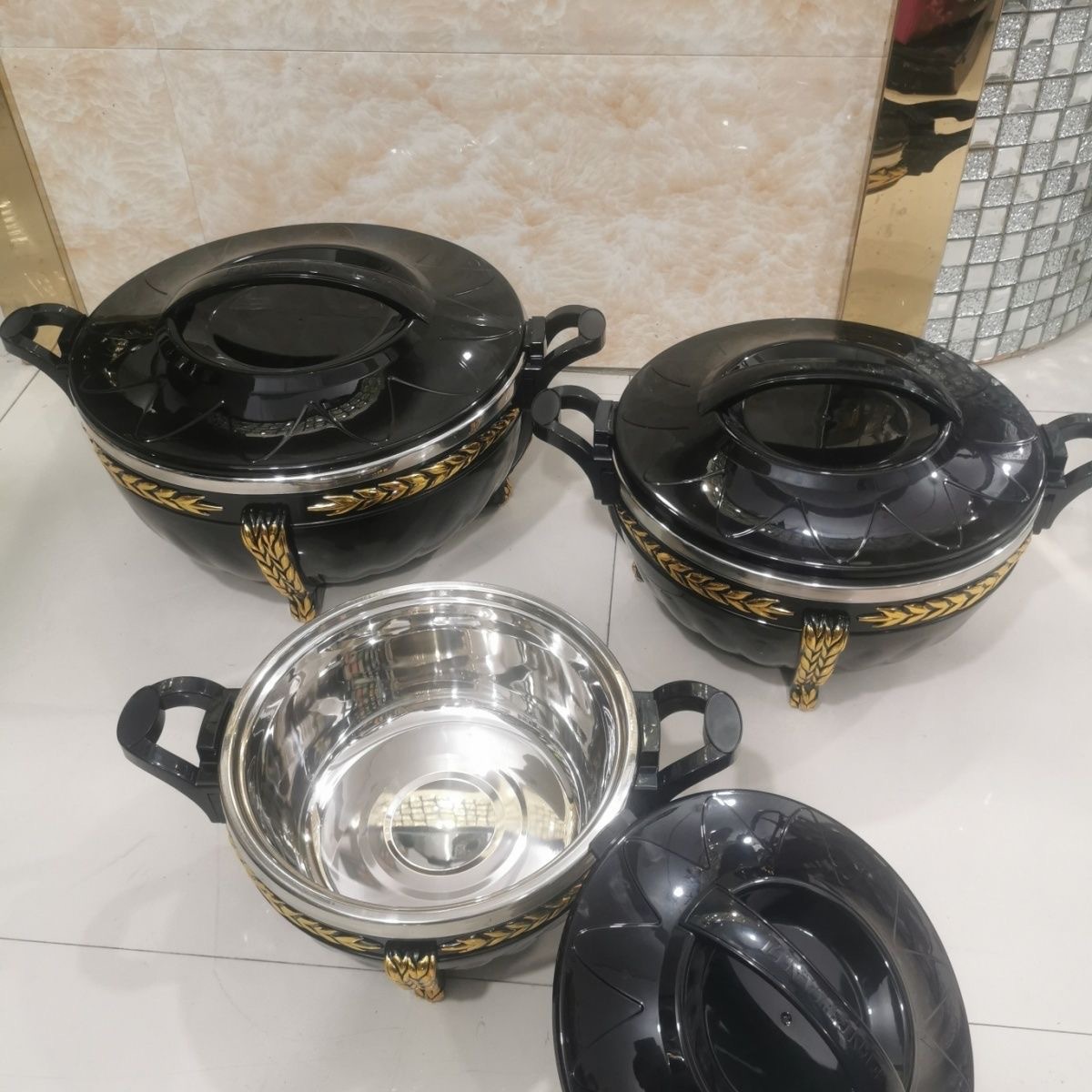 跨境不锈钢保鲜提锅装饭锅双层发泡保温套锅3PCS保温桶办公家用