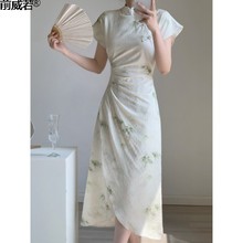 新中式国风改良旗袍裙女夏季新款复古设计小众褶皱竹叶印花连衣威