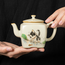 汝窑萌猫汉方茶壶高档家用茶水壶功夫茶具陶瓷泡茶单壶可印制LOGO
