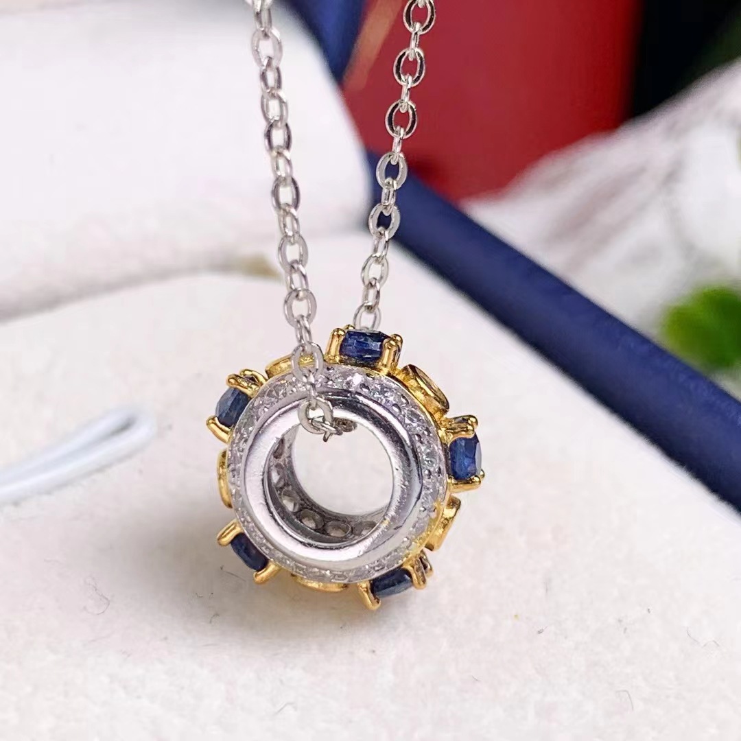 天然蓝宝石吊坠s925银镶嵌蓝宝石双色工艺百搭女款项饰吊坠厂批发