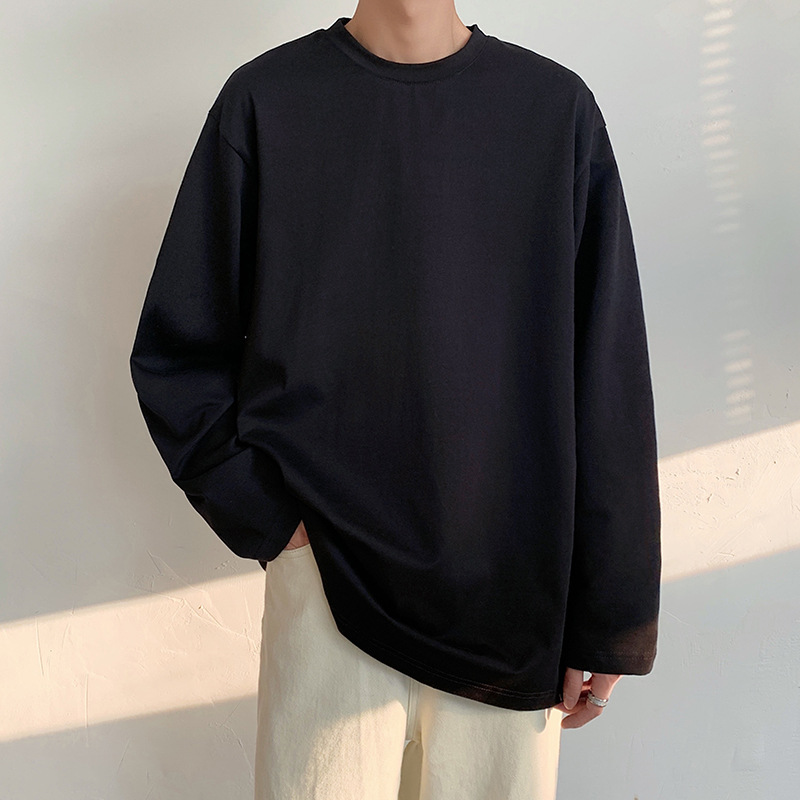 2023 Fashion Brand Autumn Solid Color Cotton Long Sleeve T-shirt Men's Loose All-Matching Hong Kong Style Large Size All-Matching Simple Bottoming Shirt Men