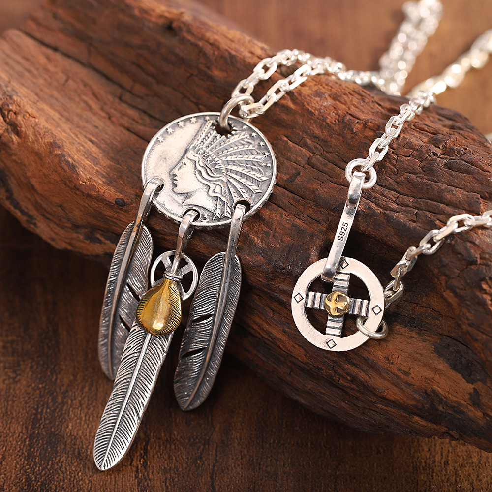 人品银品 s925银做旧印第安羽毛项链 时尚欧美男士项链 源头厂货