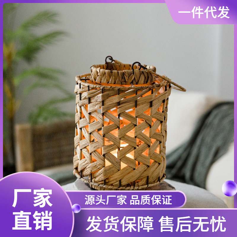 v9d@自然色三角草编提手风灯烛台灯笼落地挂饰摆件手工编织田园风