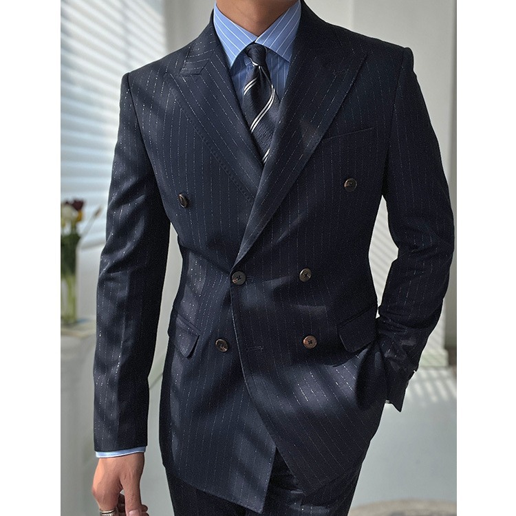 春季意式绅士金丝条纹双排扣西服套装休闲商务戗驳领高级感男套装