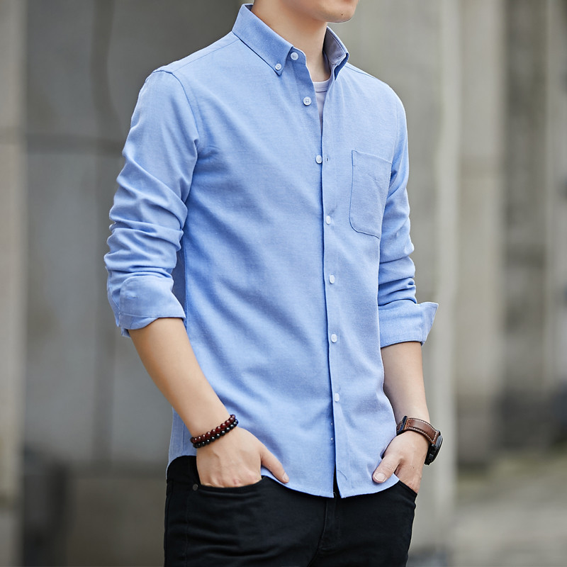   New Men's ong-Sleeved Shirt Men's Oxford Casual Shirt Men's Slim Korean Style Solid Color Shirt