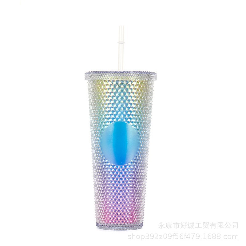 Factory Direct Supply Large Capacity 710ml Double-Layer Plastic Binding Durian Cup Laser Cardboard Bottom with Light Cup with Straw