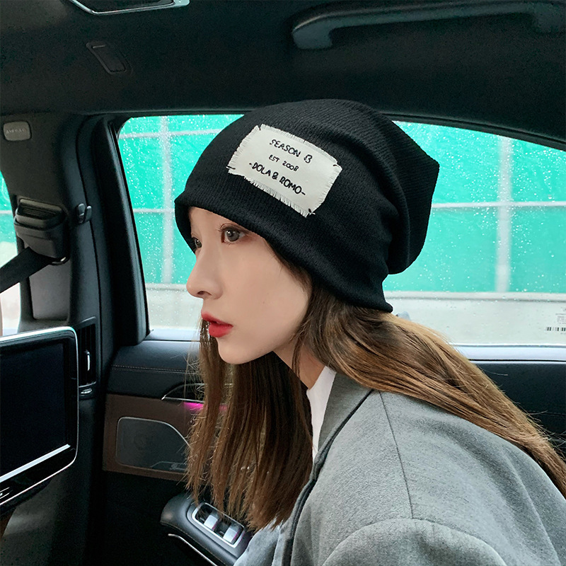 Knitted Hat Japanese Fashion Brand Patch Pile Heap Cap Female Korean Style Net Red Big Head Circumference Pullover Toe Cap Beanie Hat Confinement Cap