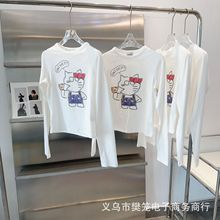 南油 23夏季新款小众K猫咪图案印花 时尚辣妹修身露脐短款T恤长袖