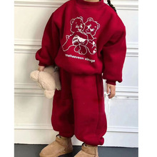 儿童纯棉卡通加厚卫衣一体绒套装洋气男女宝宝秋冬两件套潮小熊