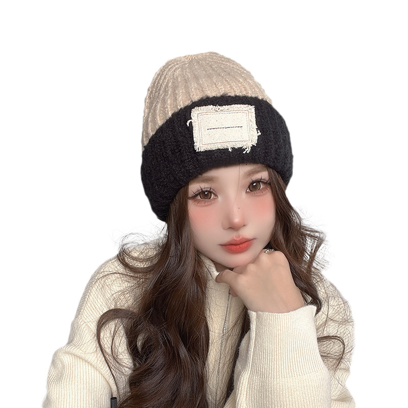 Knitted Hat Women's Autumn and Winter Warm Hat Korean Style Versatile Fashion Sticker Cloth Label Cold-Proof Woolen Cap 2023 New