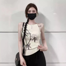 新中式复古辣妹国风吊带针织背心设计感小众修身显瘦竹子印花上衣