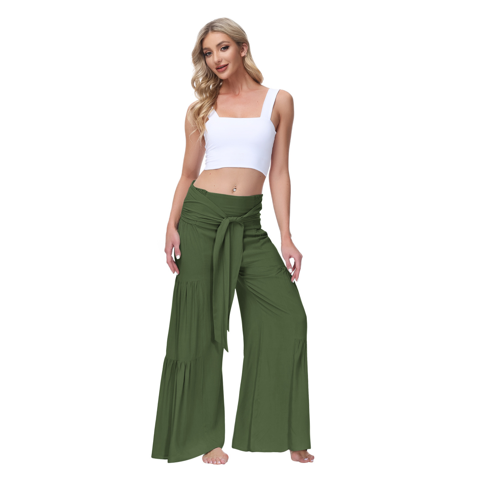 Summer Cross-Border New Hot Sale European and American Women's Clothing Fashion Temperament Bandage Elastic Waist Pleated Wide-Leg Pants Casual