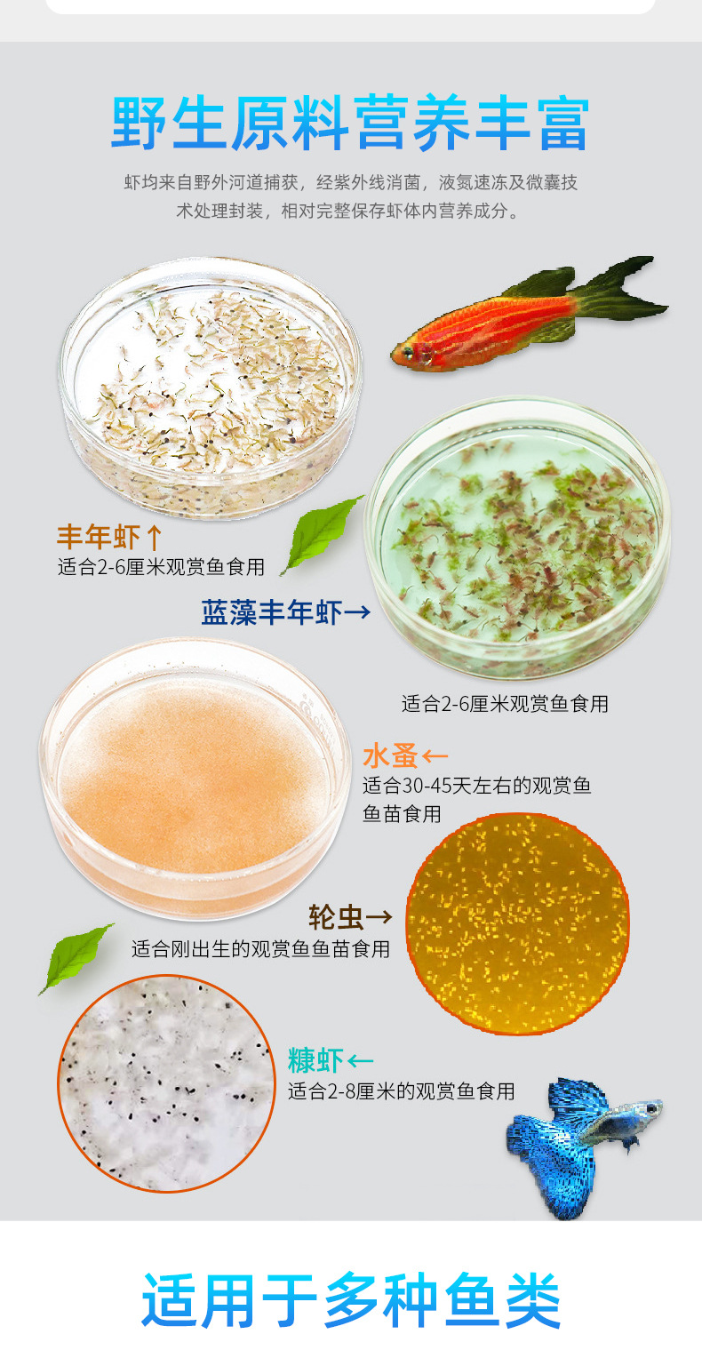 牛心汉堡100g,水蚤100g,白板丰年虾100g,绿板丰年虾100g,糠虾100g饲料