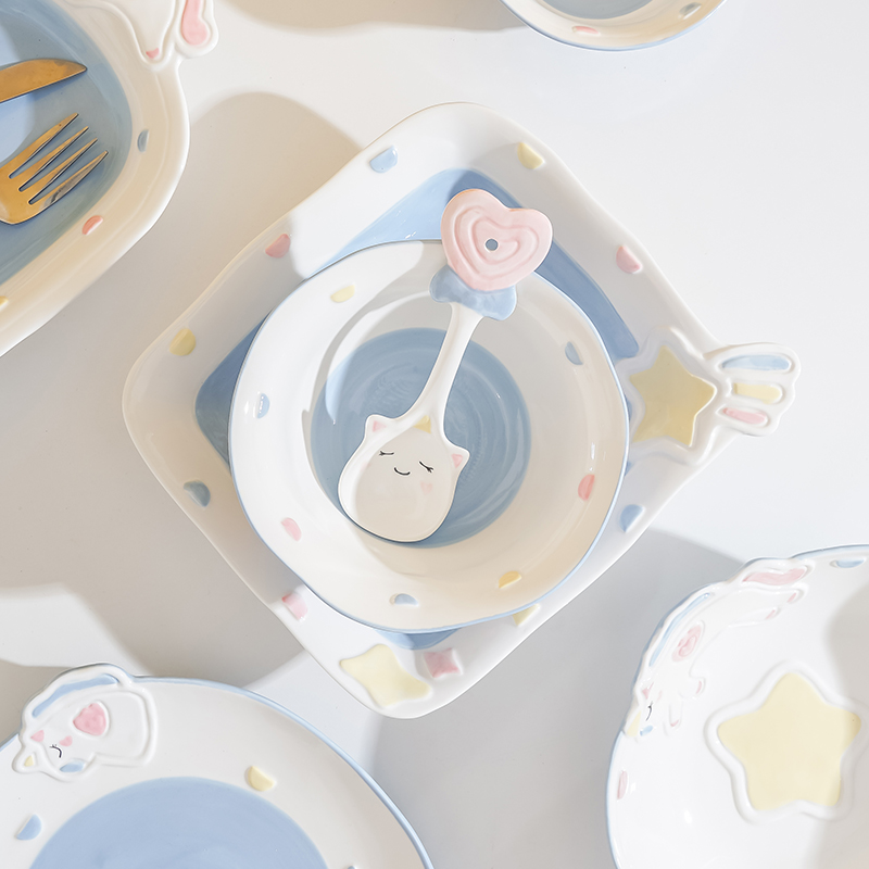 Cute Unicorn Ceramic Bowl Dish Underglaze Home Cartoon Tableware Rice Bowl Soup Bowl Baking Bowl Dish Bowl and Dish Combination