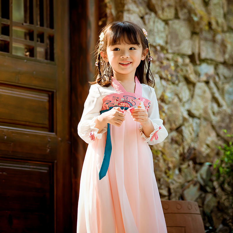 萌乎汉服儿童女童中式襦裙短袖长袖古风女孩飘逸古代手工公主女生