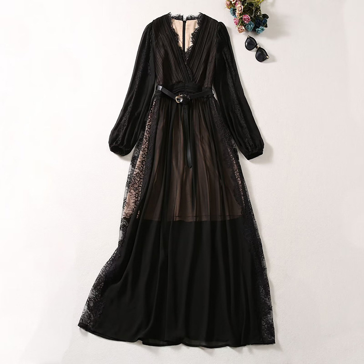 欧洲站2023早秋新款设计感皱褶蕾丝拼接高端黑色宴会礼服连衣裙女