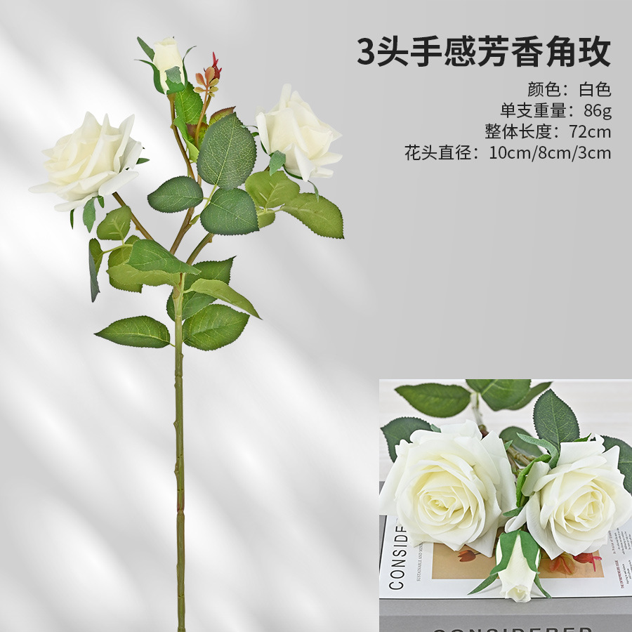 High-End Entry Lux Three Heads Moist Feeling Aromatic Emulational Rose Flower Living Room Home Decorations Wedding Festival Props