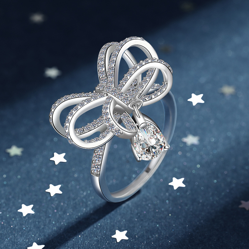 s925纯银超仙蝴蝶结戒指少女轻奢名媛丝带水滴钻戒满钻日韩开口戒