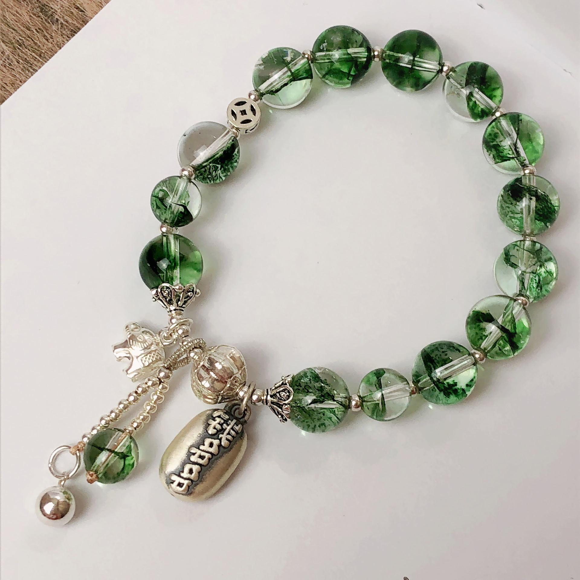 绿色凤羽幽灵石单圈925银招财猫钱多多大象国潮名族风手串手链diy