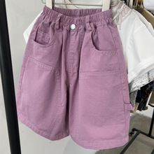 男童女童夏季亮色系贴标中裤儿童美式洋气粉紫色痞帅宽松五分裤潮