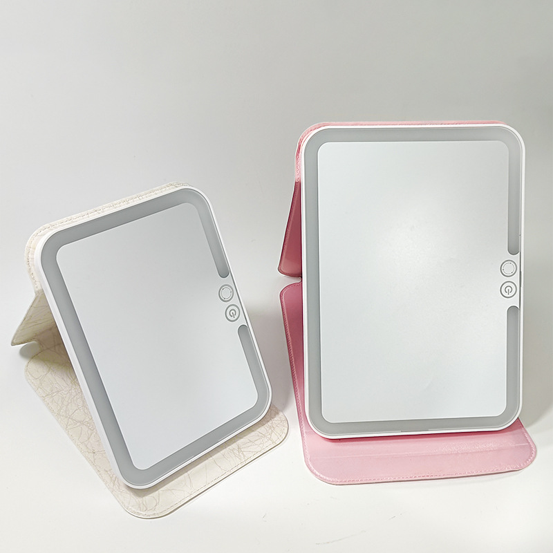 Led Leather Makeup Mirror Flip Mirror Fill Light Beauty Makeup Mirror Desktop Portable Folding Mirror with Light Cross-Border Wholesale