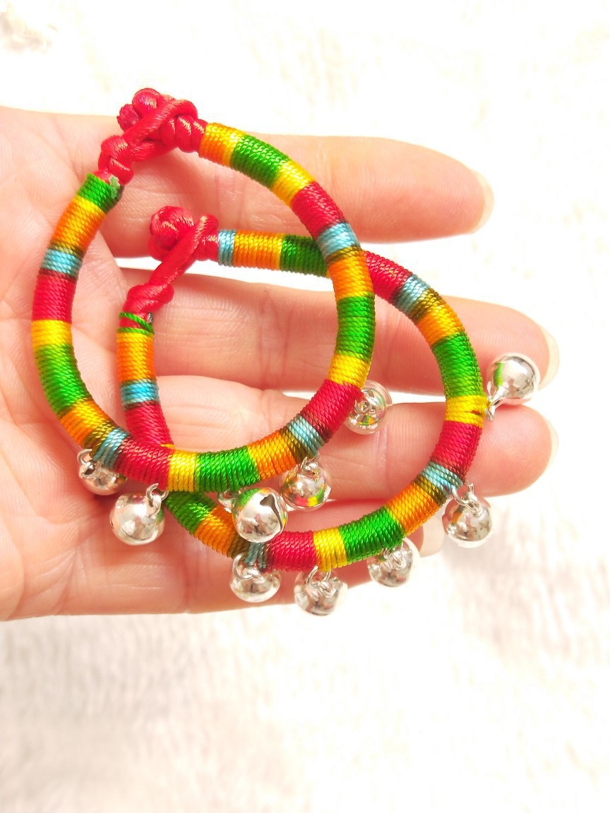 端午节五彩手绳手链本命年手工编织苗银小铃铛儿童宝宝手链脚链