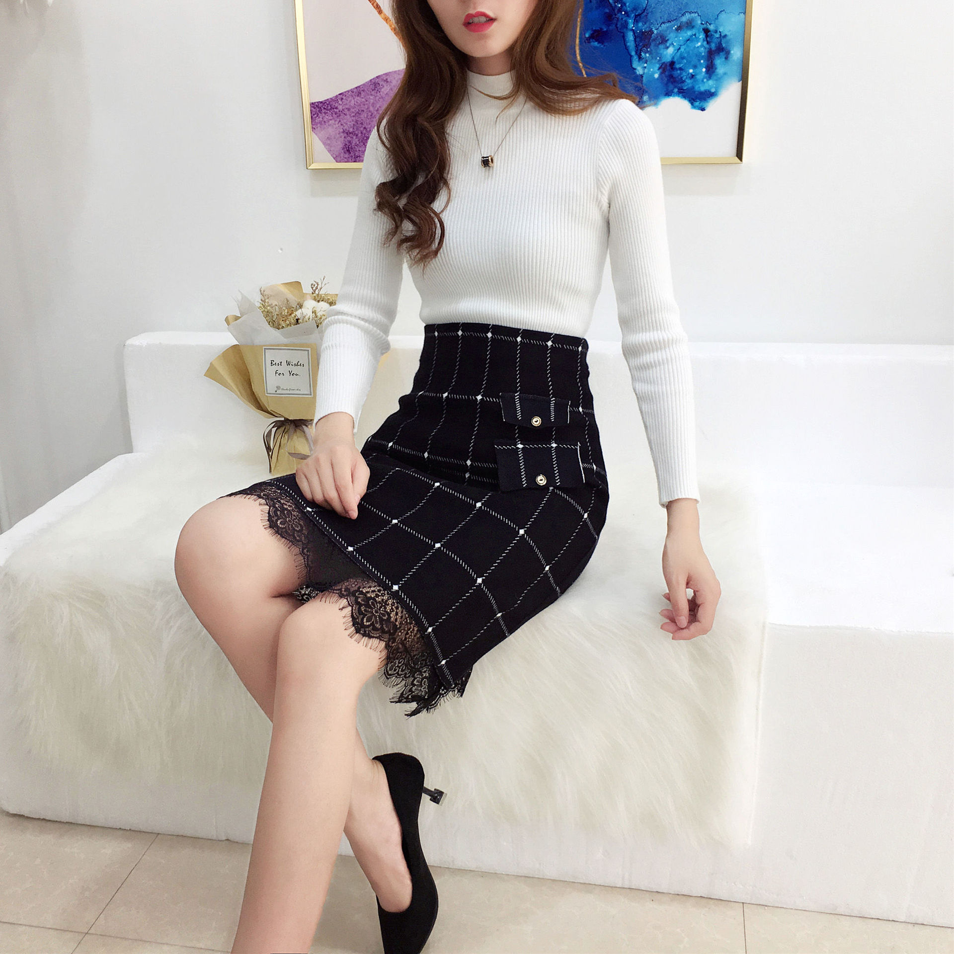 小方格针织包臀裙