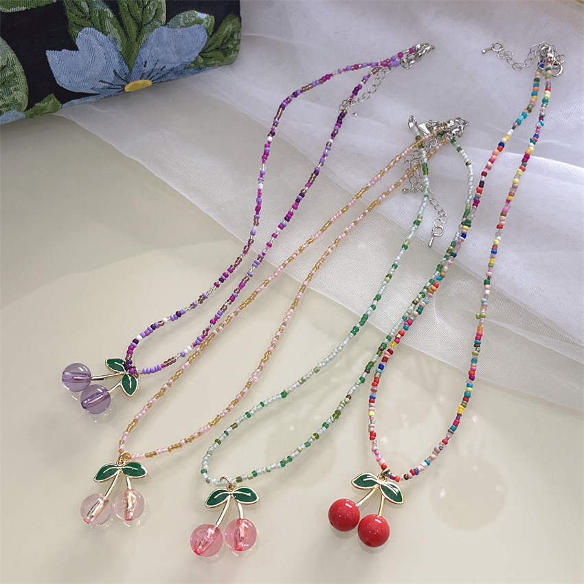 sweet cute girl style cherry clavicle chain necklace korean internet celebrity new colorful beaded cherry necklace for women