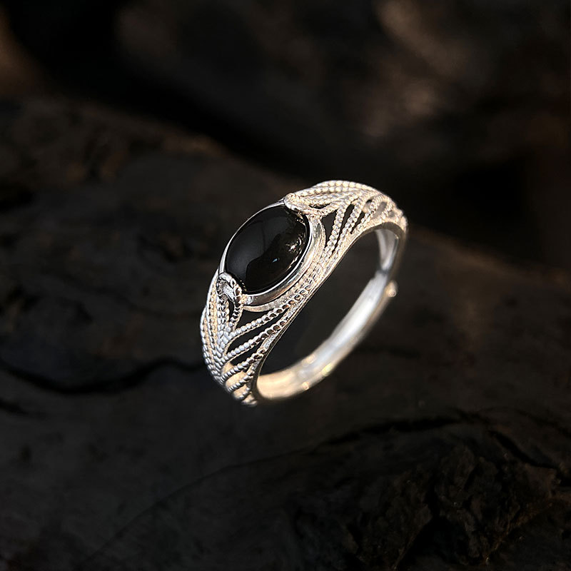 s925纯银高级感黑玛瑙戒指镂空羽毛开口戒气质小众感指环女-阿里巴巴