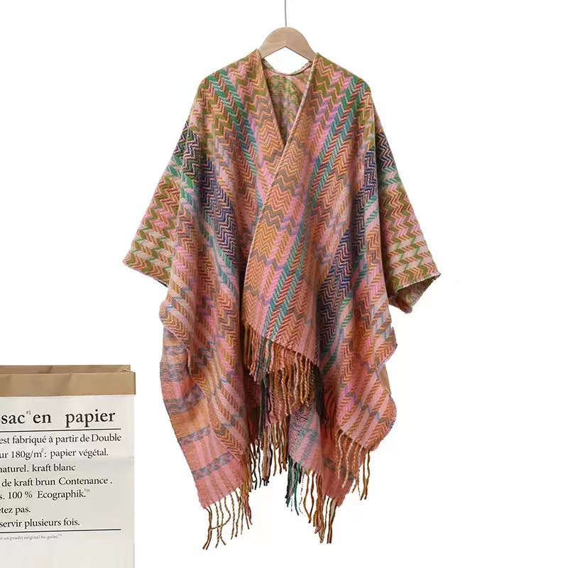 2023 Popular Sleeve All-Match Knitted Shawl Ethnic Style Tassel Split Cloak Outer Wear Warm Travel Travel