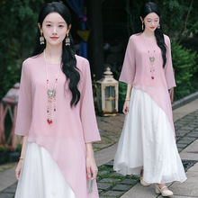 实拍新中式女装复古百搭圆领不对称中袖衬衫提花裙两件套
