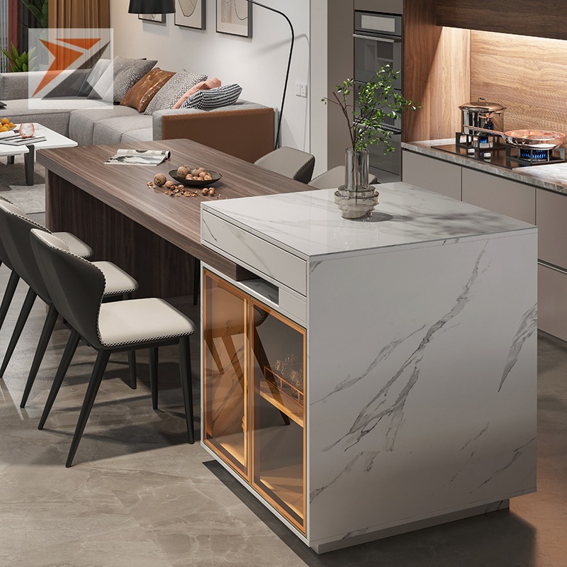 中岛台餐桌一体可伸缩岩板轻奢简约现代开放厨房实木吧台