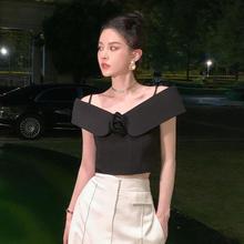 复古玫瑰黑色V领紧身上衣2023夏季新款收腰吊带露肩一字领衬衣女