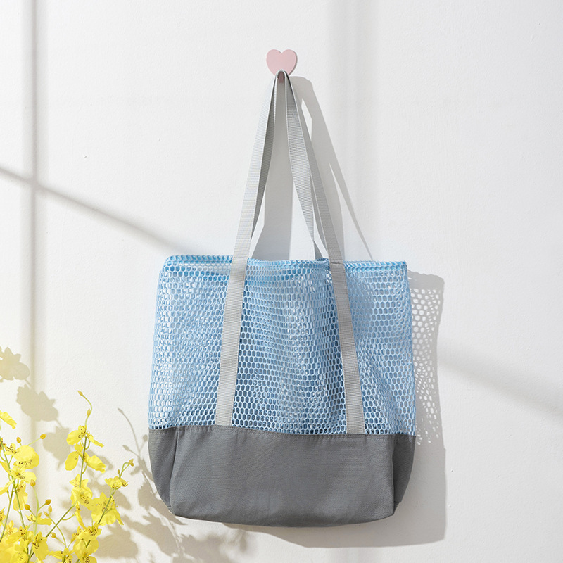 2023 Spring and Summer New Portable Mesh Bag Large Capacity Hollow Mesh Canvas Stitching Shoulder Bag Portable Shopping Bag