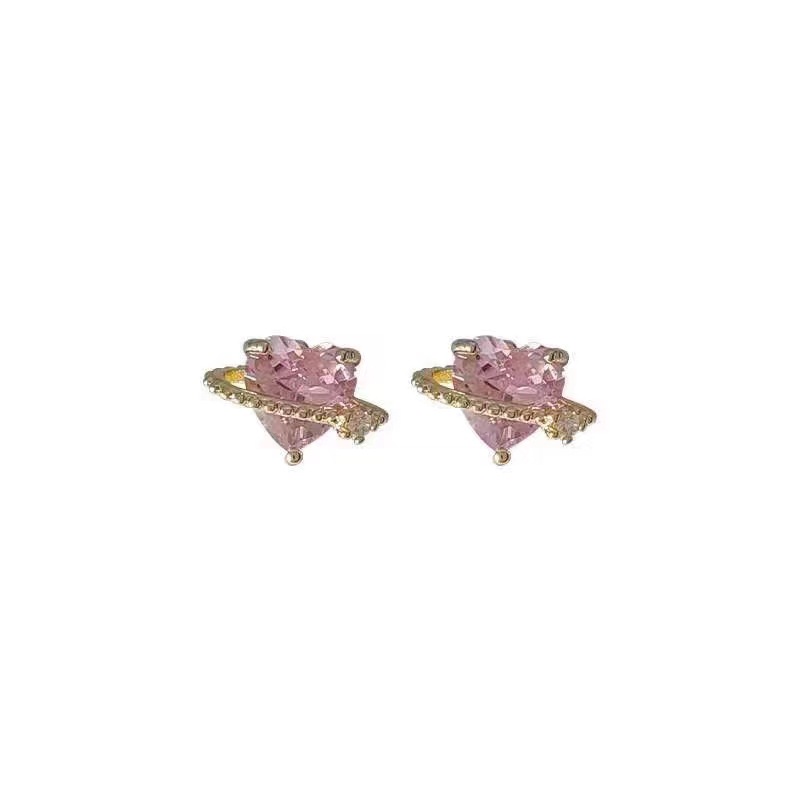 Beixi Silver S925 Pink Heart-Shaped Zircon Stud Earrings Female Temperamental Minority Design Sense Korean Rhinestone Heart-Shaped Earrings