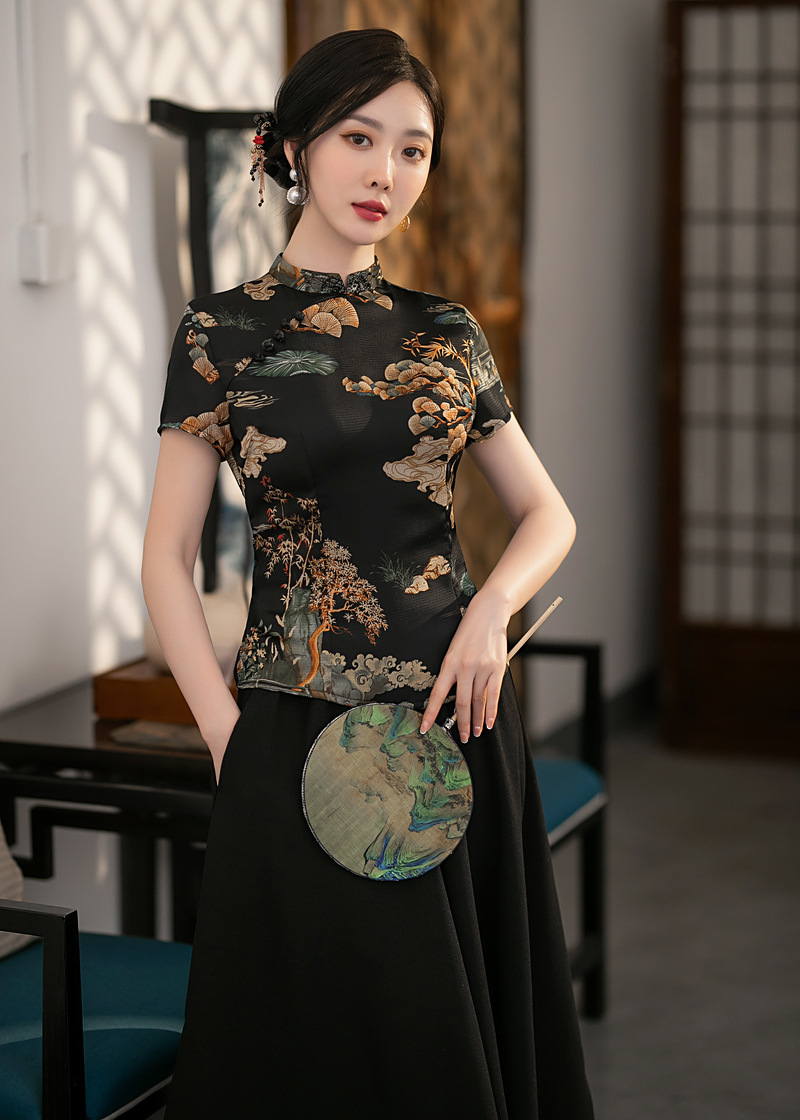 2022夏季新品老上海复古上衣旗袍套装日常气质大码中国风时尚旗袍