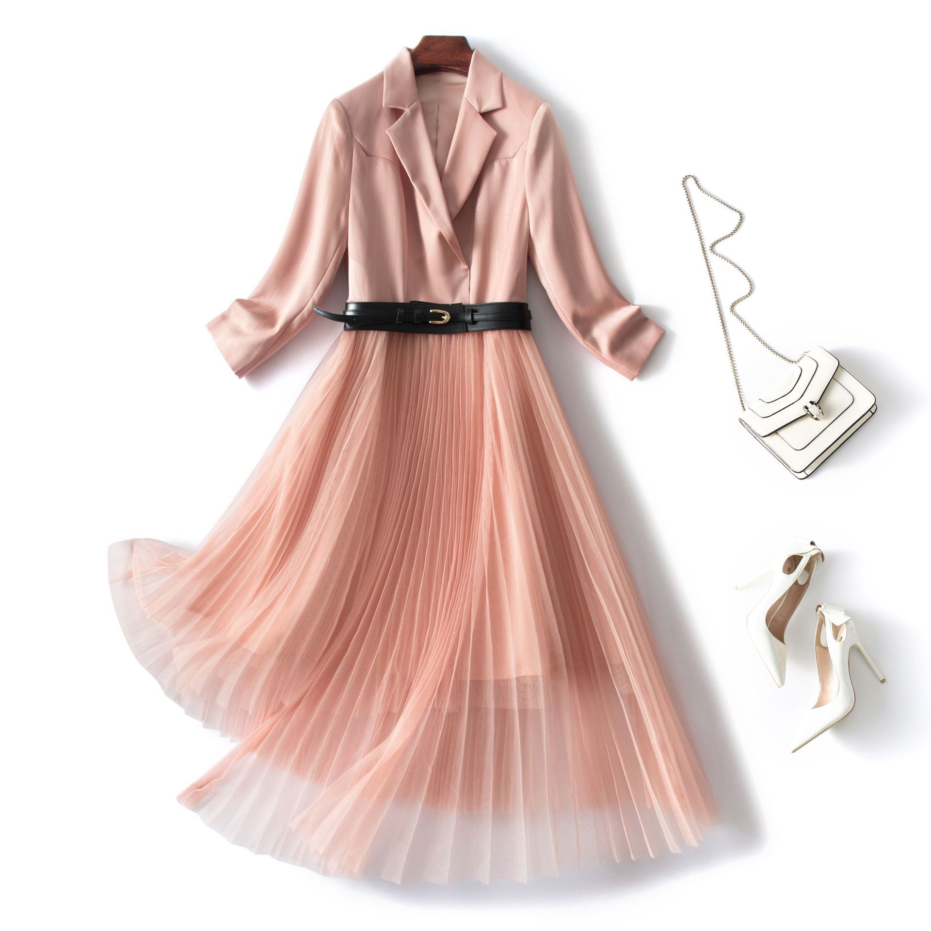 欧列法式西装连衣裙女2022春新款高级感显瘦拼接网纱裙裙子60592