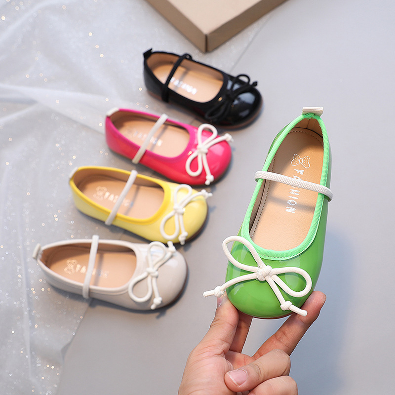 Girls' Low-Cut Patent Leather Princess Shoes Small Leather Shoes Spring and Autumn New Korean Style Bow Candy Color Children's Soft Bottom Pumps